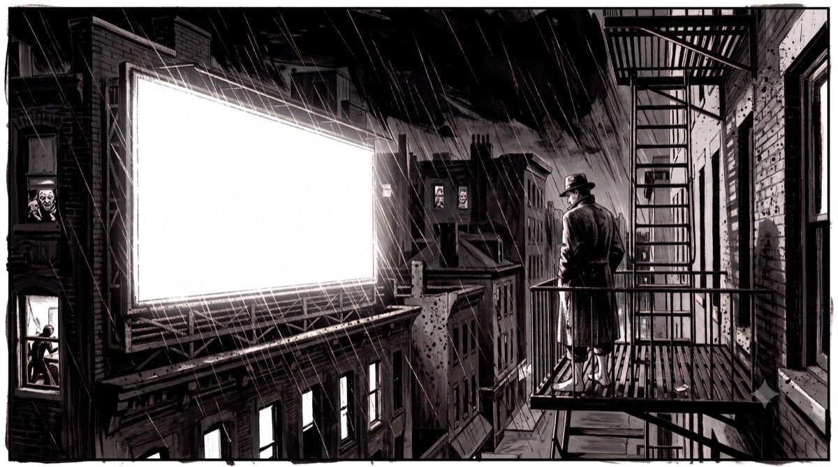 Agencies have no shoes — a barefoot man in a trench coat and fedora on a rain-soaked fire escape, facing an enormous blank billboard.