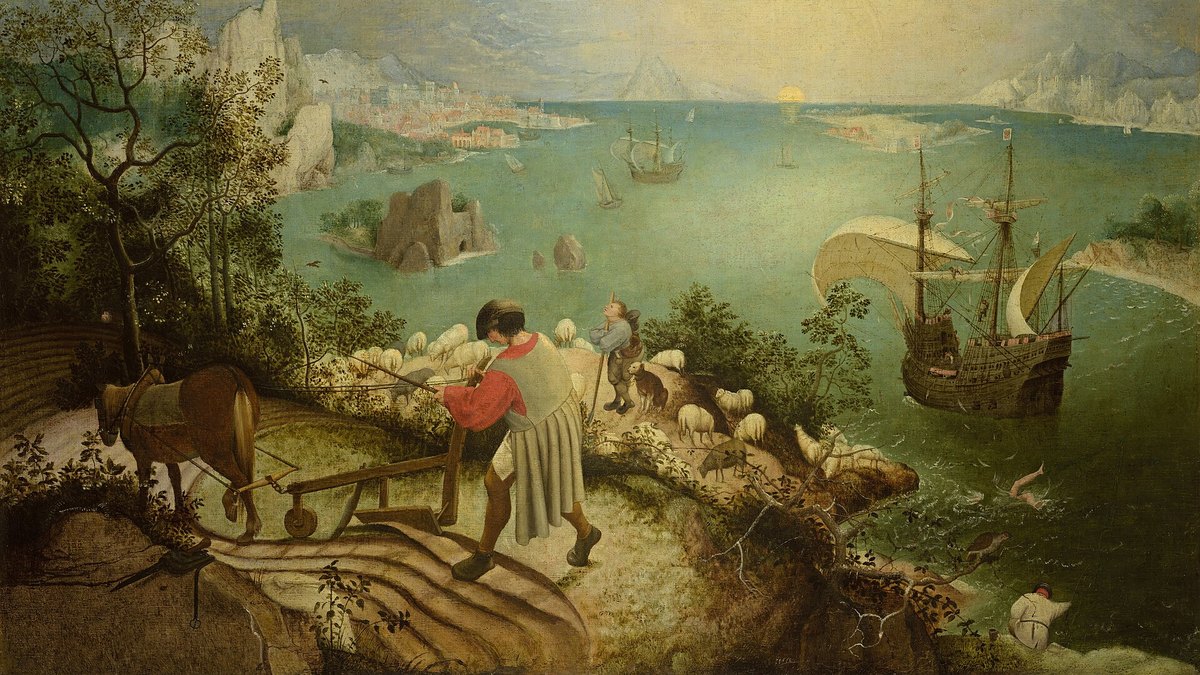 Samsung's Worst Day — Landscape with the Fall of Icarus, after Pieter Bruegel the Elder, c. 1560: a ploughman works on while, unnoticed in the corner, two legs disappear into the sea.